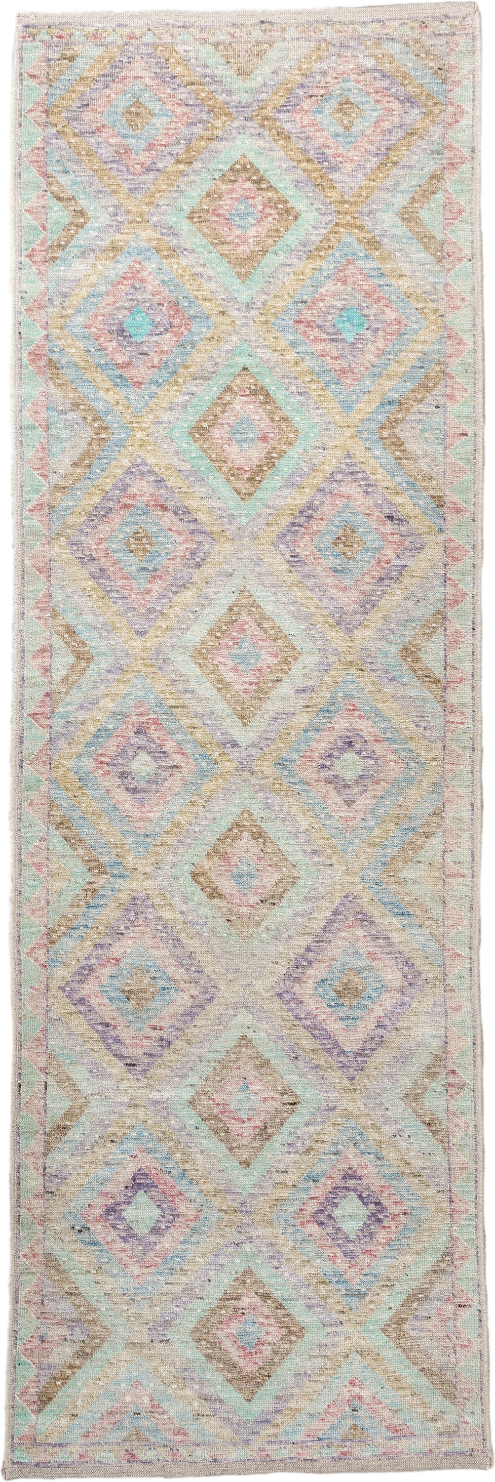 3' x 9' one-of-a-kind handmade vintage Tulu runner rug. Color palette: ivory, aqua, tan, blush, lavender, sage, gold, teal
