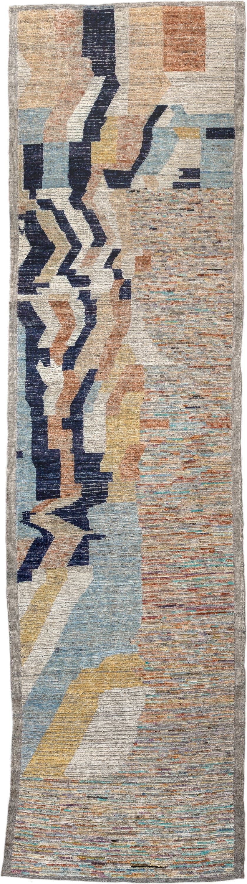 3' x 11' one-of-a-kind handmade vintage Tulu runner rug. Color palette: ivory, sky blue, navy, camel, rust, gold, taupe