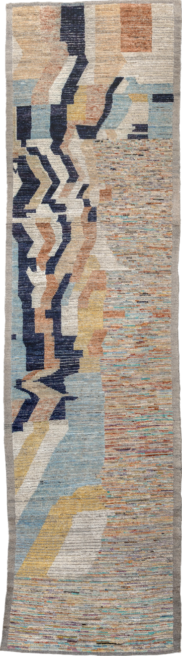 3' x 9' one-of-a-kind handmade vintage Tulu runner rug. Color palette: blue, brown, dark gray, dim gray, gray, light gray