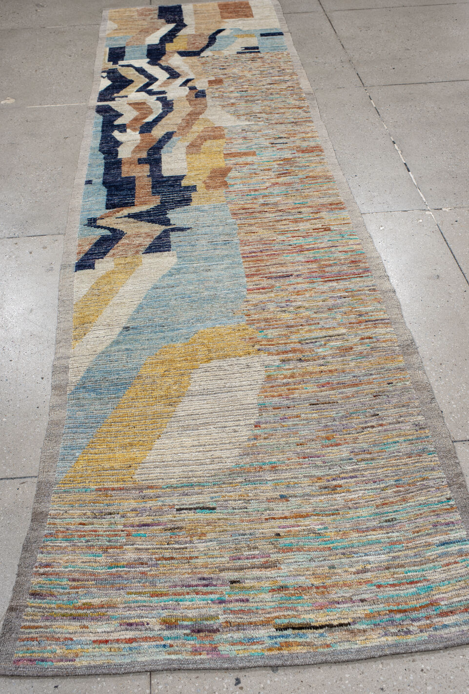 3' x 9' one-of-a-kind handmade vintage Tulu runner rug. Color palette: blue, brown, dark gray, dim gray, gray, light gray