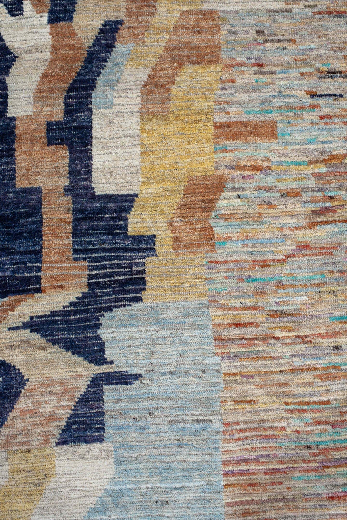 3' x 11' one-of-a-kind handmade vintage Tulu runner rug. Color palette: ivory, sky blue, navy, camel, rust, gold, taupe