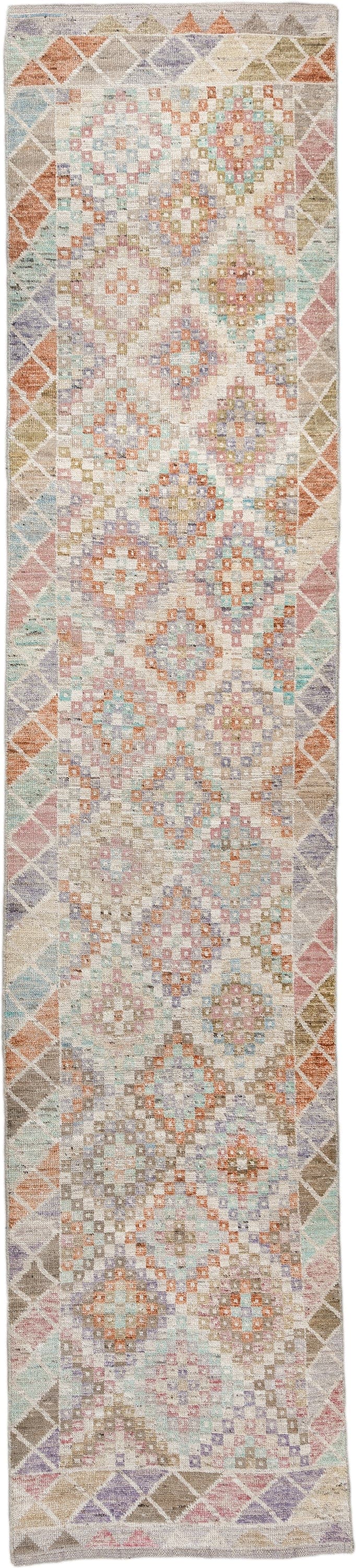 2' x 12' one-of-a-kind handmade vintage Tulu runner rug. Color palette: ivory, taupe, aqua, rust, lavender, rose, sage, sand