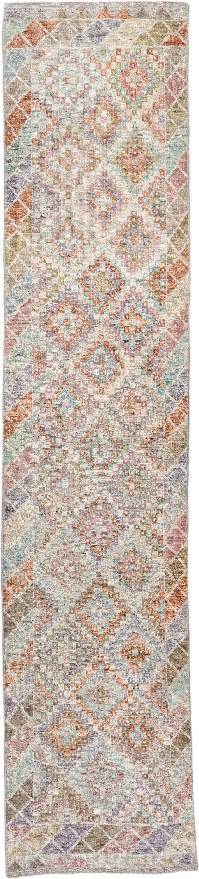2' x 12' one-of-a-kind handmade vintage Tulu runner rug. Color palette: ivory, taupe, aqua, rust, lavender, rose, sage, sand
