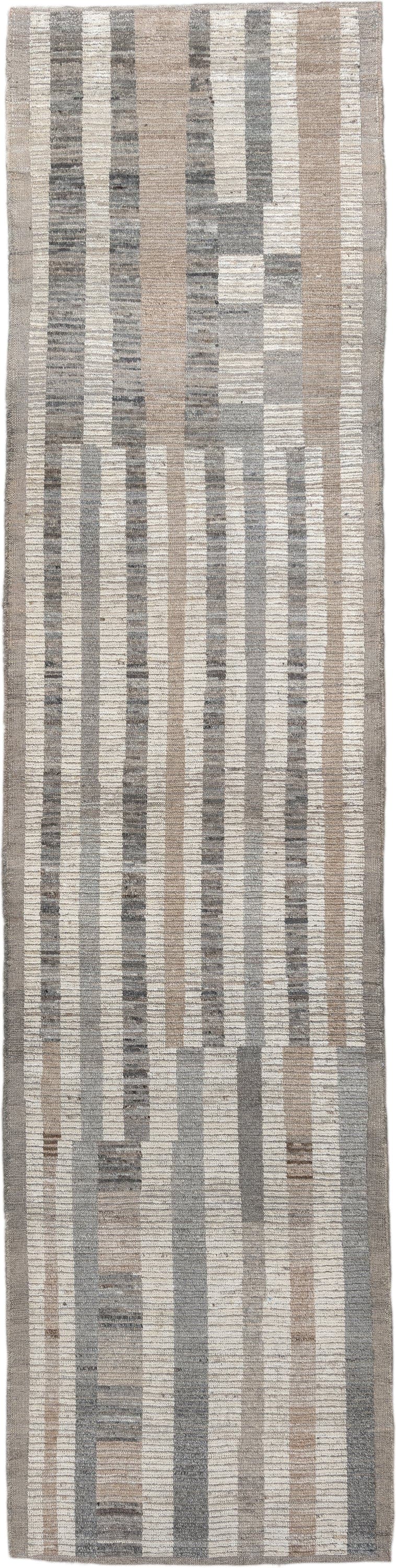 3' x 12' one-of-a-kind handmade vintage Tulu runner rug. Color palette: taupe, ivory, gray, cream, charcoal, greige, beige