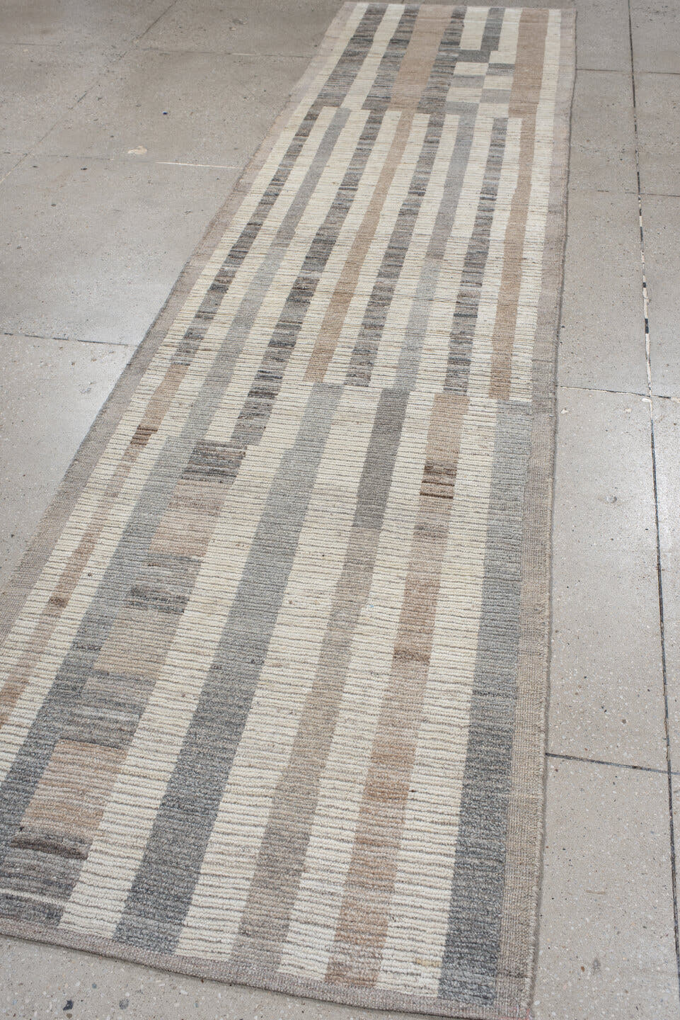 3' x 12' one-of-a-kind handmade vintage Tulu runner rug. Color palette: taupe, ivory, gray, cream, charcoal, greige, beige