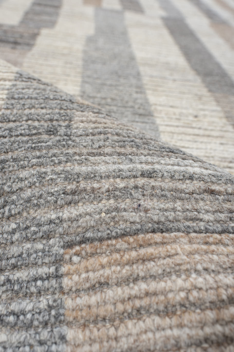 3' x 12' one-of-a-kind handmade vintage Tulu runner rug. Color palette: taupe, ivory, gray, cream, charcoal, greige, beige