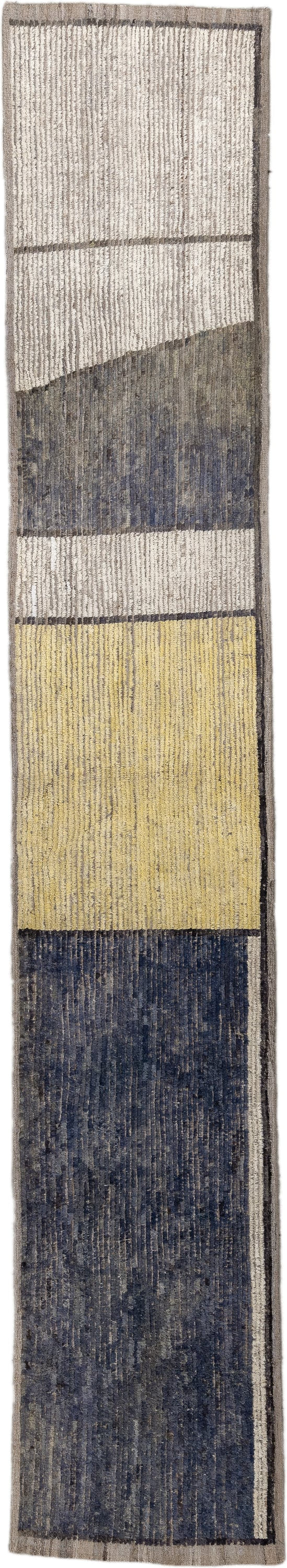 2' x 13' one-of-a-kind handmade vintage Tulu runner rug. Color palette: ivory, charcoal, slate, gold, taupe, gray, black
