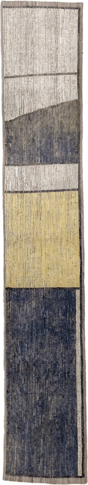 2' x 13' one-of-a-kind handmade vintage Tulu runner rug. Color palette: ivory, charcoal, slate, gold, taupe, gray, black