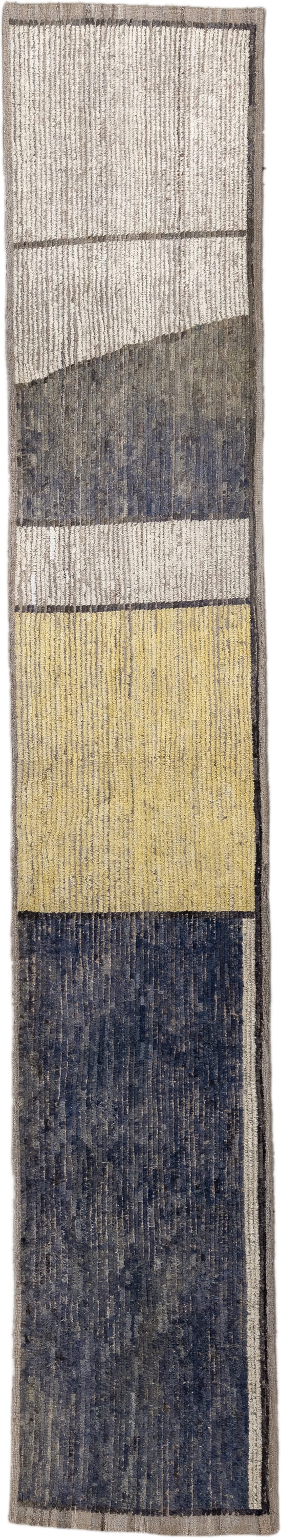 2' x 13' one-of-a-kind handmade vintage Tulu runner rug. Color palette: ivory, charcoal, slate, gold, taupe, gray, black