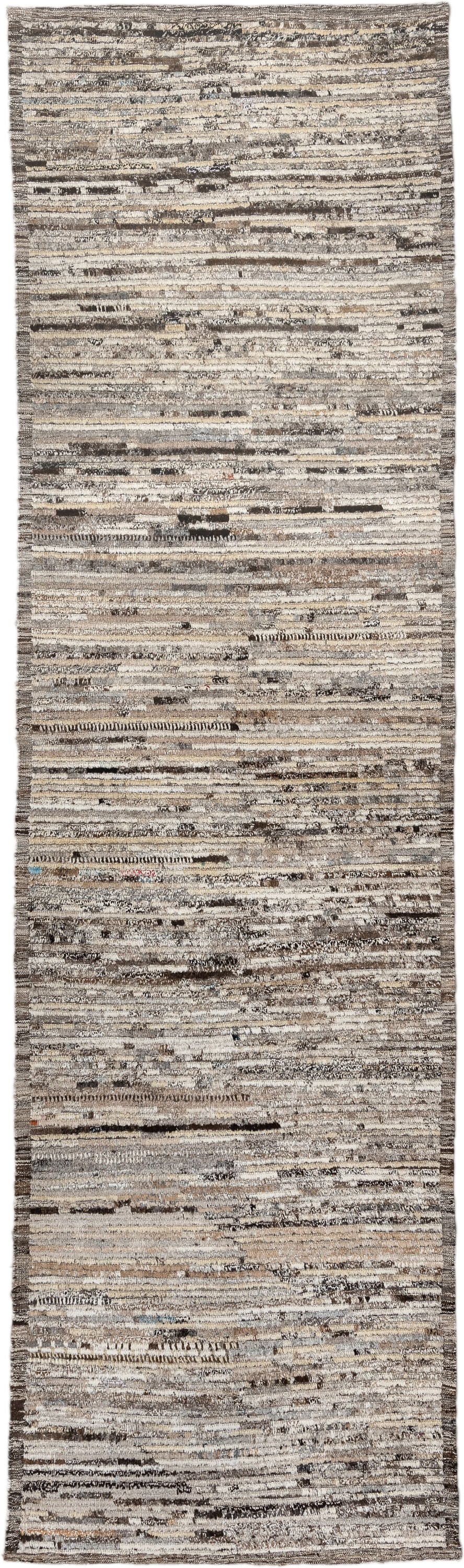 3' x 12' one-of-a-kind handmade vintage Tulu runner rug. Color palette: ivory, taupe, brown, charcoal, gray, beige, black