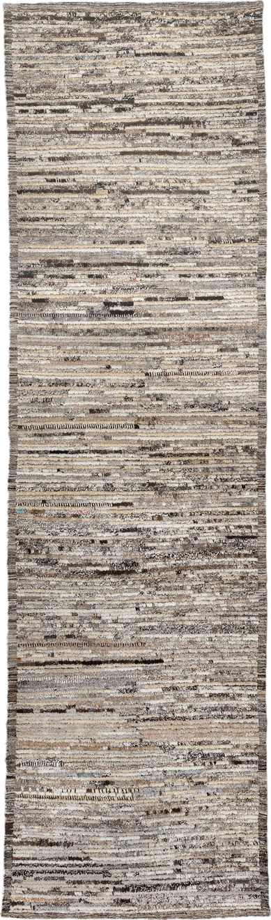 3' x 12' one-of-a-kind handmade vintage Tulu runner rug. Color palette: ivory, taupe, brown, charcoal, gray, beige, black