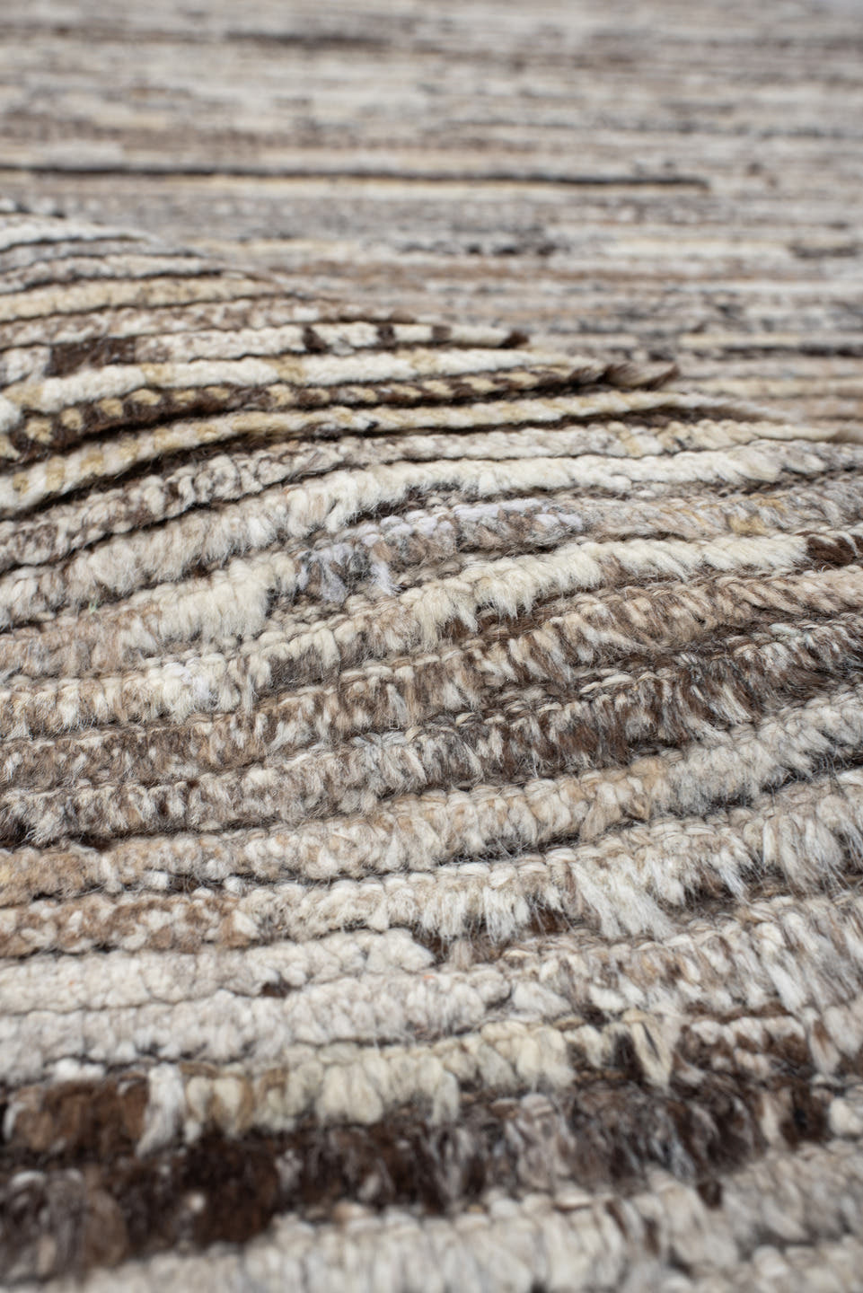 3' x 12' one-of-a-kind handmade vintage Tulu runner rug. Color palette: ivory, taupe, brown, charcoal, gray, beige, black