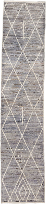 2' x 13' one-of-a-kind handmade vintage Tulu runner rug. Color palette: gray, ivory, taupe, charcoal, beige, black
