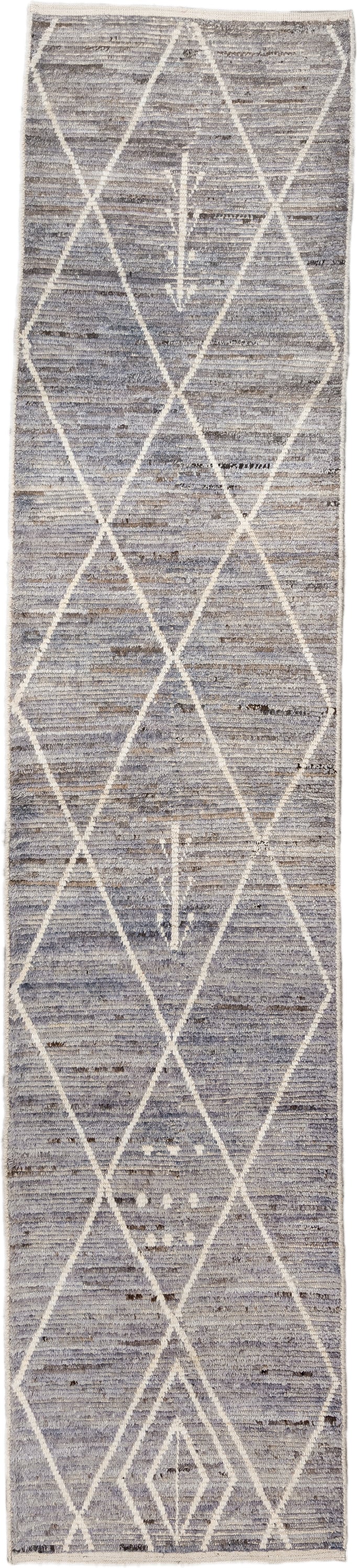 2' x 13' one-of-a-kind handmade vintage Tulu runner rug. Color palette: gray, ivory, taupe, charcoal, beige, black