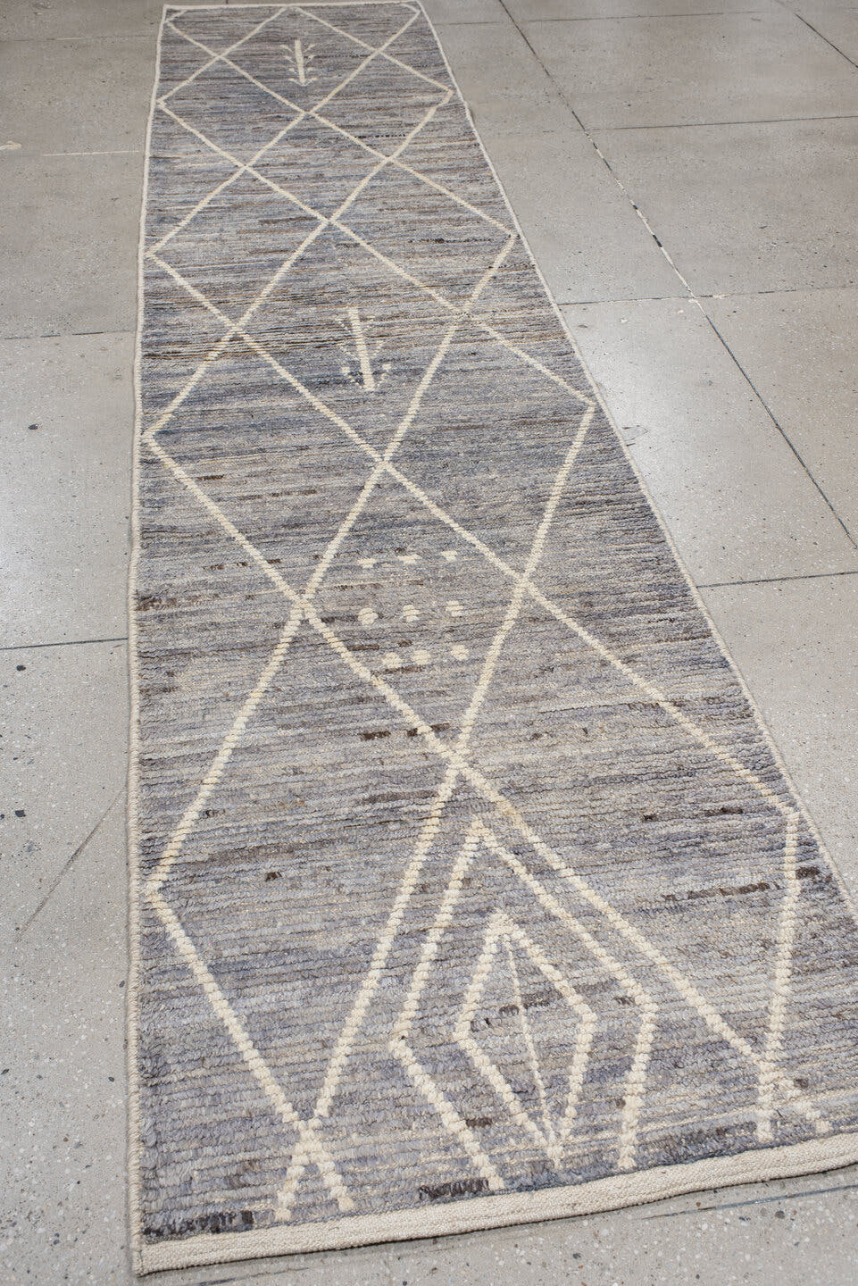 2' x 13' one-of-a-kind handmade vintage Tulu runner rug. Color palette: gray, ivory, taupe, charcoal, beige, black