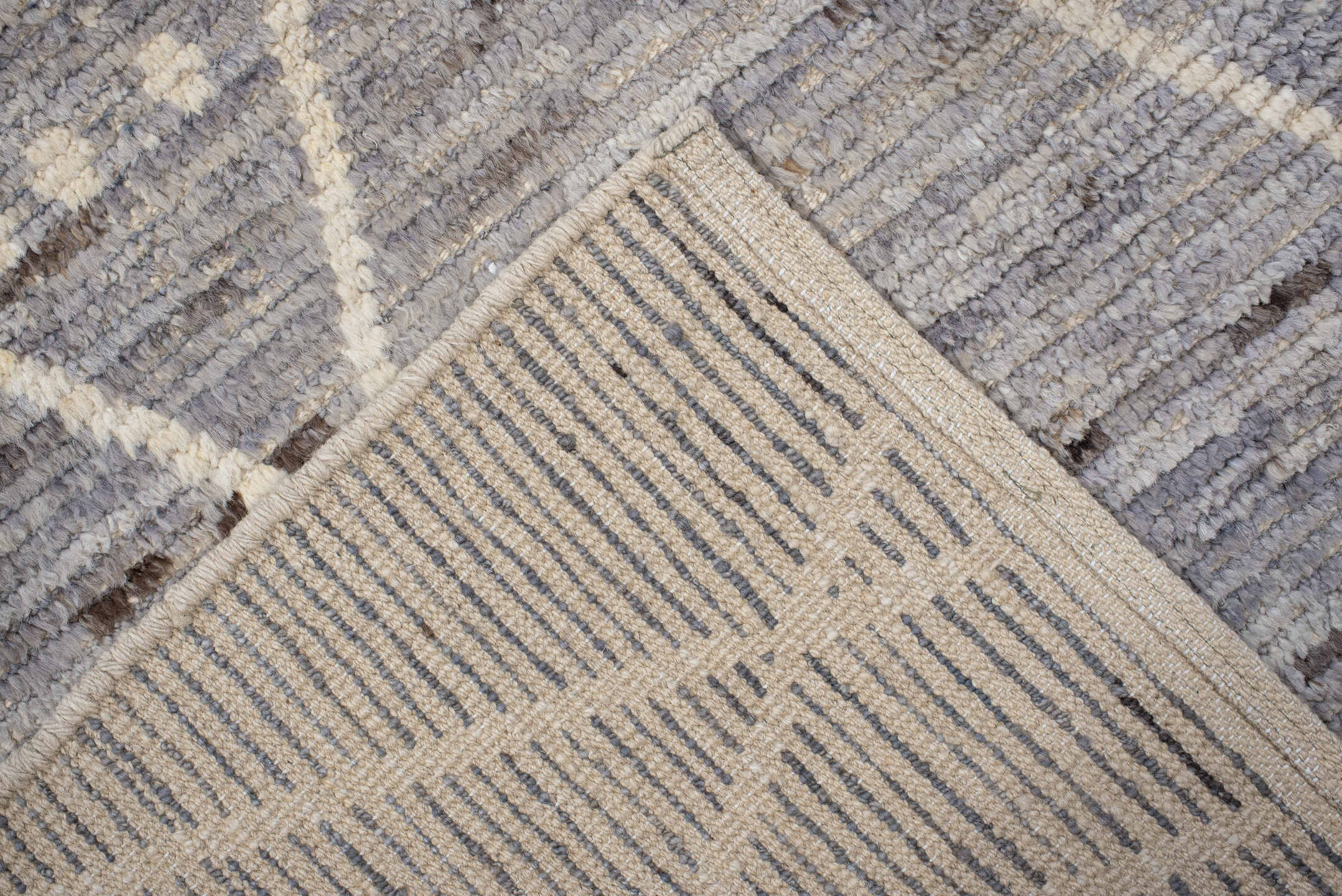 2' x 13' one-of-a-kind handmade vintage Tulu runner rug. Color palette: gray, ivory, taupe, charcoal, beige, black
