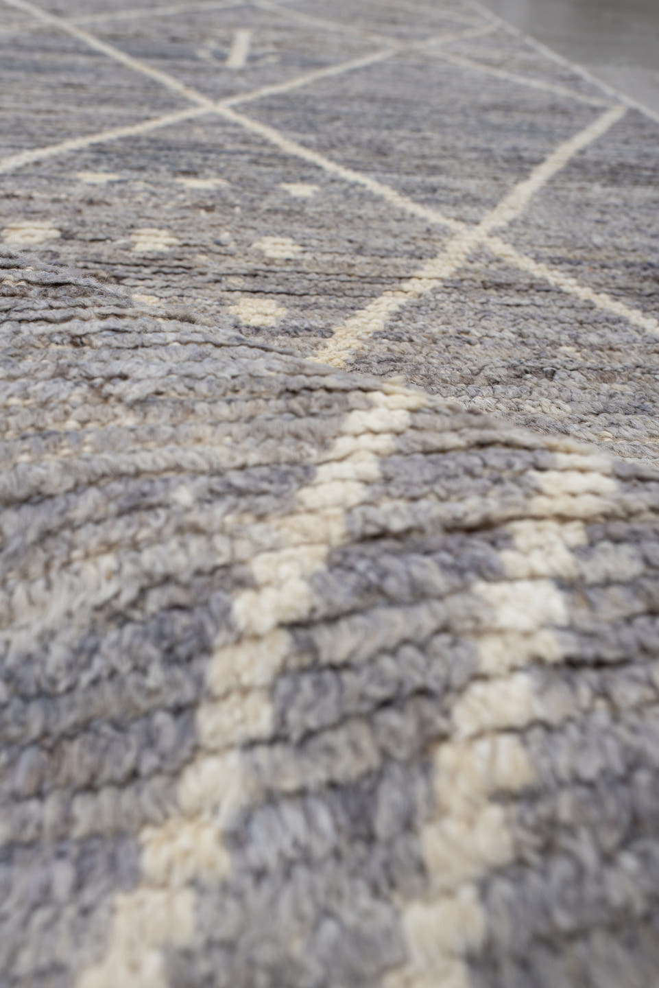2' x 13' one-of-a-kind handmade vintage Tulu runner rug. Color palette: gray, ivory, taupe, charcoal, beige, black