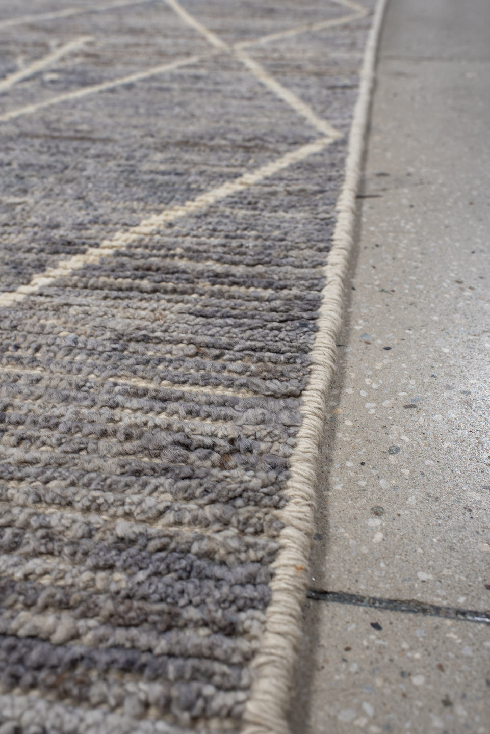 2' x 13' one-of-a-kind handmade vintage Tulu runner rug. Color palette: gray, ivory, taupe, charcoal, beige, black