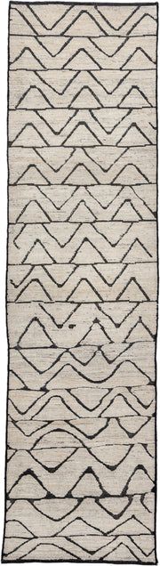 2' x 10' one-of-a-kind handmade vintage Tulu runner rug. Color palette: ivory, charcoal, taupe, gray, black, beige