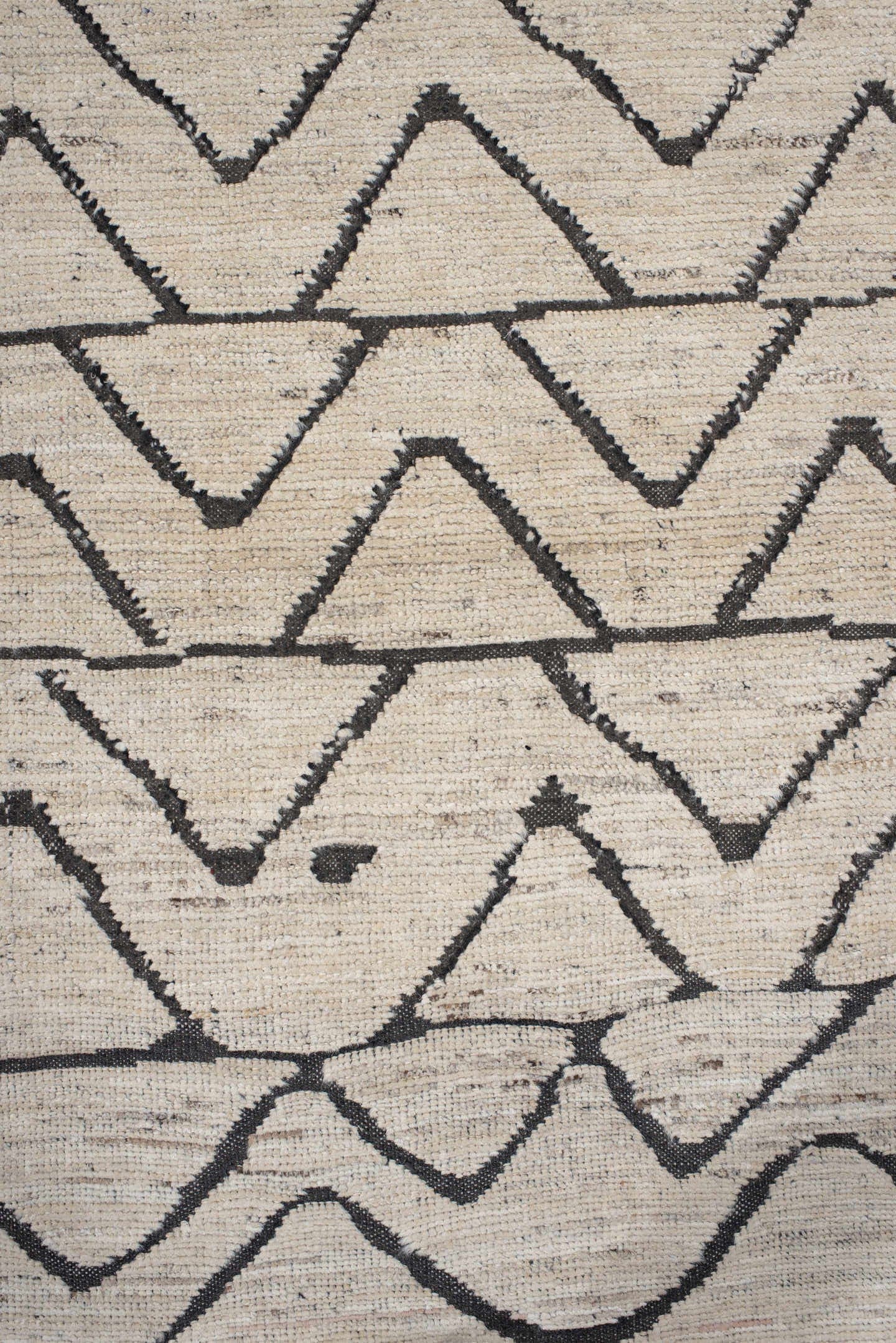 2' x 10' one-of-a-kind handmade vintage Tulu runner rug. Color palette: ivory, charcoal, taupe, gray, black, beige