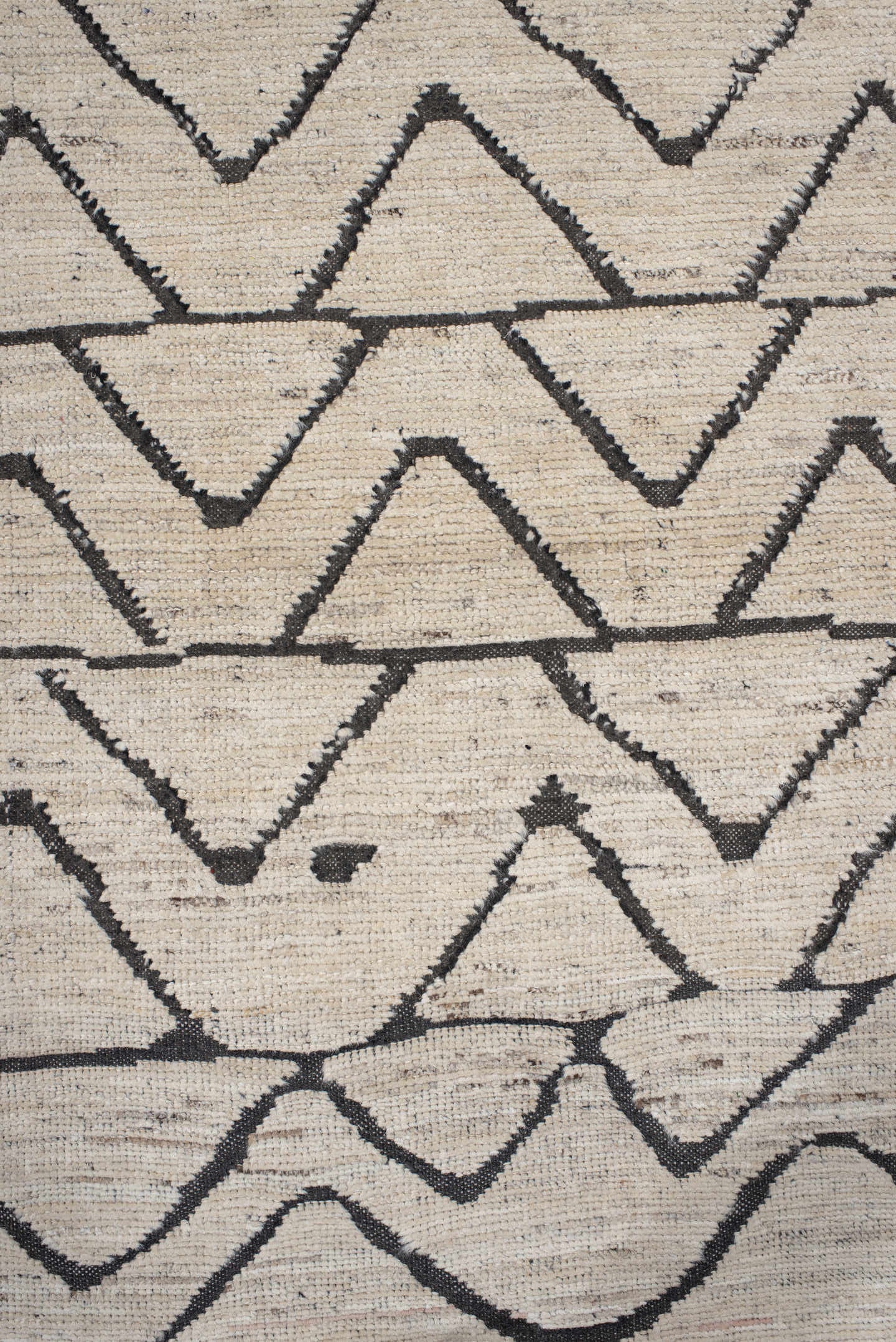 2' x 10' one-of-a-kind handmade vintage Tulu runner rug. Color palette: ivory, charcoal, taupe, gray, black, beige