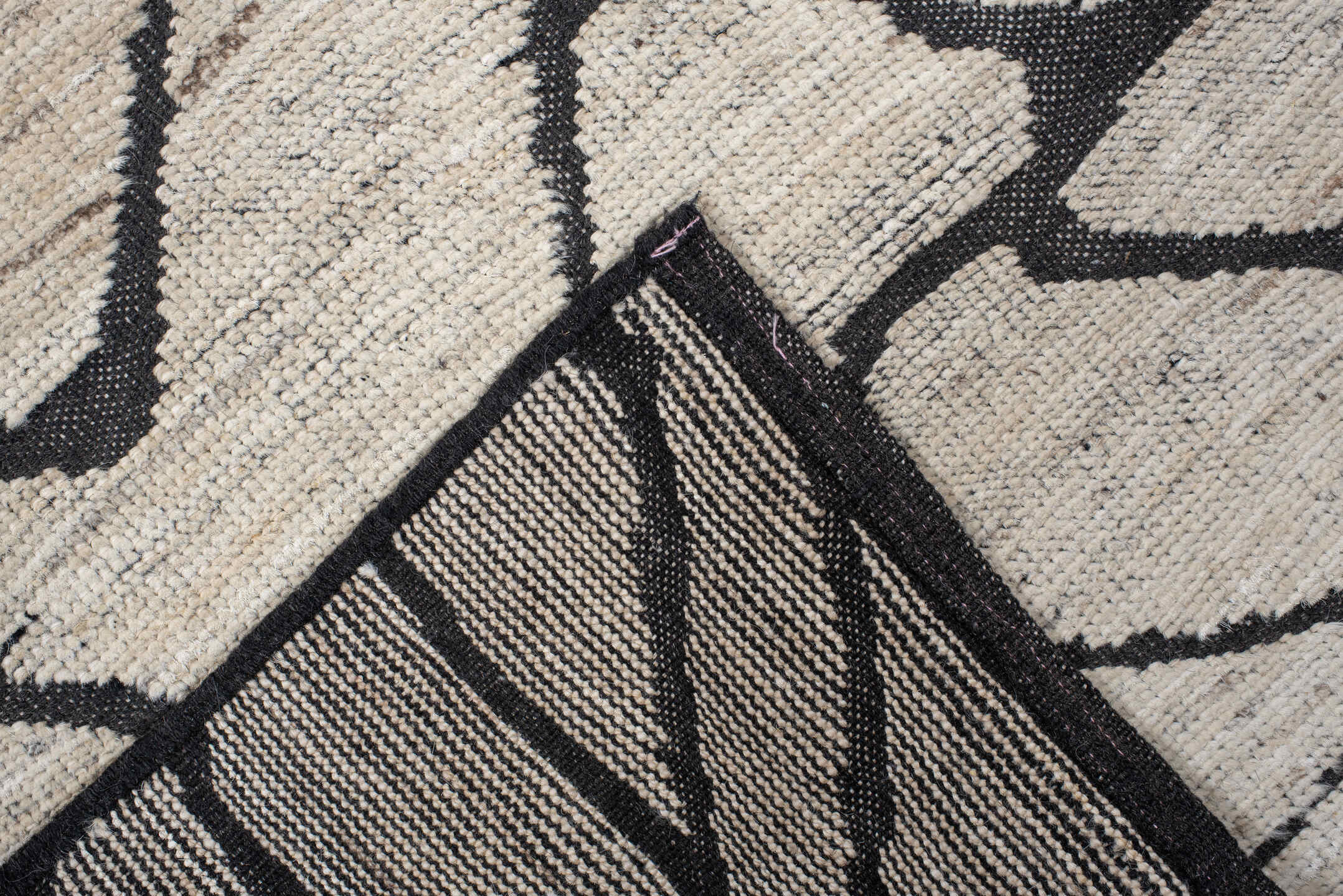 2' x 10' one-of-a-kind handmade vintage Tulu runner rug. Color palette: gray, light gray, off-white, black, pink, dim gray