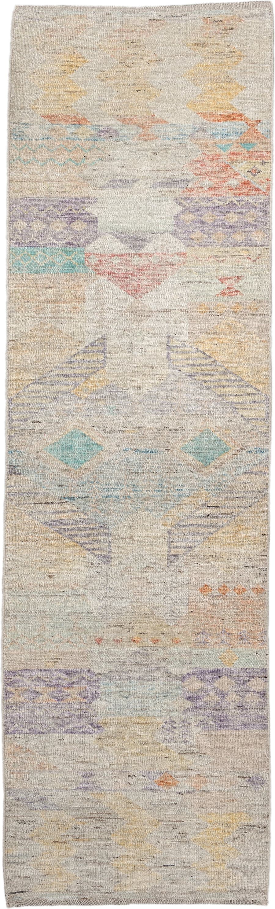 2' x 10' one-of-a-kind handmade vintage Tulu runner rug. Color palette: ivory, lavender, aqua, pale yellow, coral, beige