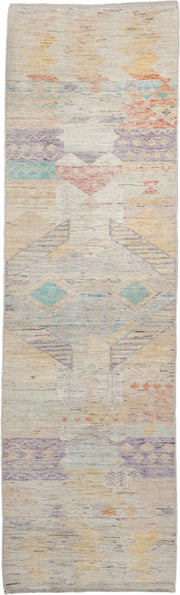2' x 10' one-of-a-kind handmade vintage Tulu runner rug. Color palette: ivory, lavender, aqua, pale yellow, coral, beige
