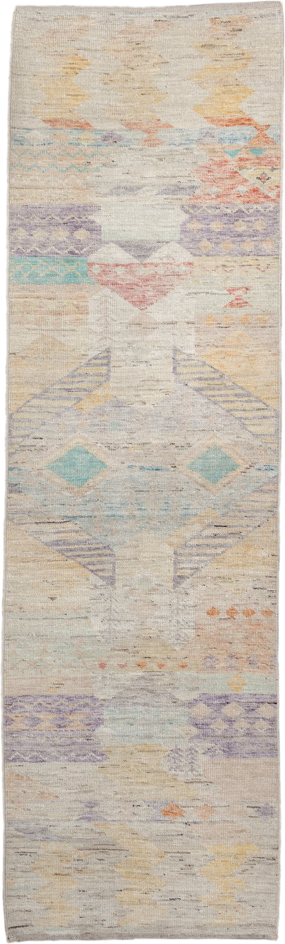 2' x 10' one-of-a-kind handmade vintage Tulu runner rug. Color palette: ivory, lavender, aqua, pale yellow, coral, beige