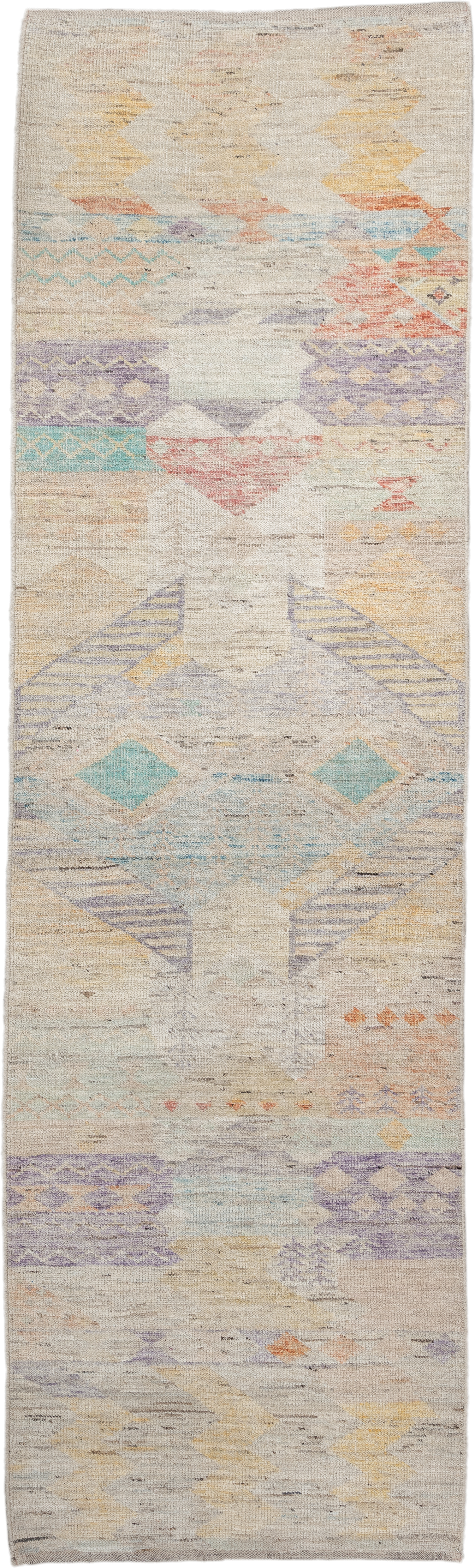 2' x 10' one-of-a-kind handmade vintage Tulu runner rug. Color palette: ivory, lavender, aqua, pale yellow, coral, beige