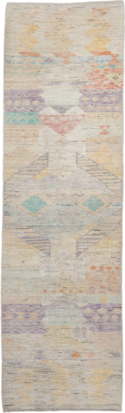 2' x 10' one-of-a-kind handmade vintage Tulu runner rug. Color palette: ivory, lavender, aqua, pale yellow, coral, beige