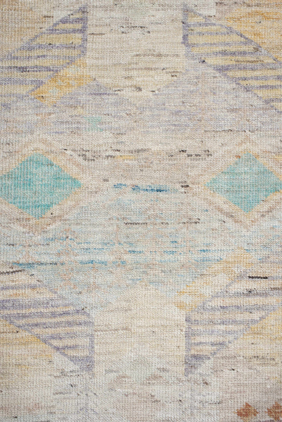 2' x 10' one-of-a-kind handmade vintage Tulu runner rug. Color palette: ivory, lavender, aqua, pale yellow, coral, beige