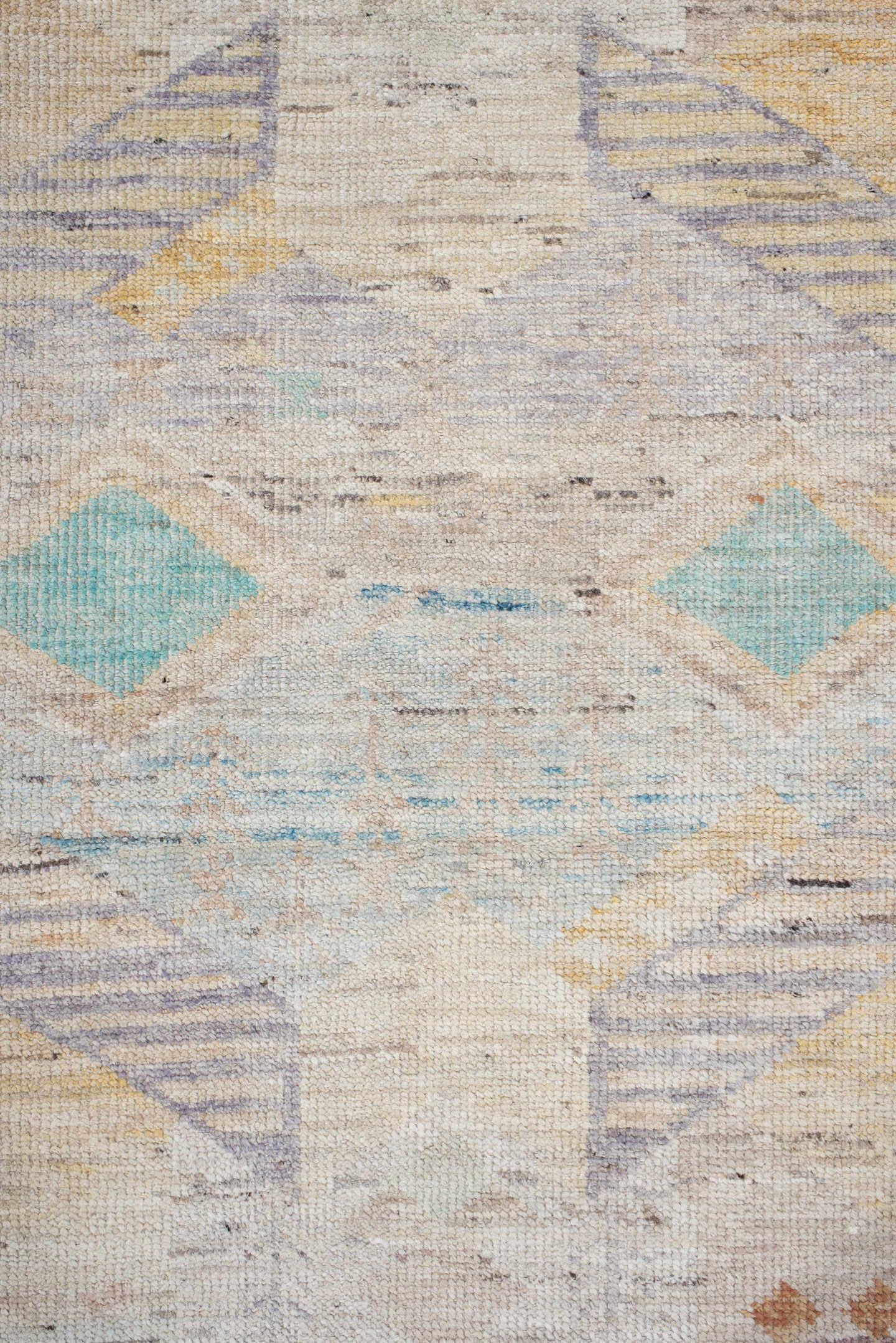 2' x 10' one-of-a-kind handmade vintage Tulu runner rug. Color palette: ivory, lavender, aqua, pale yellow, coral, beige