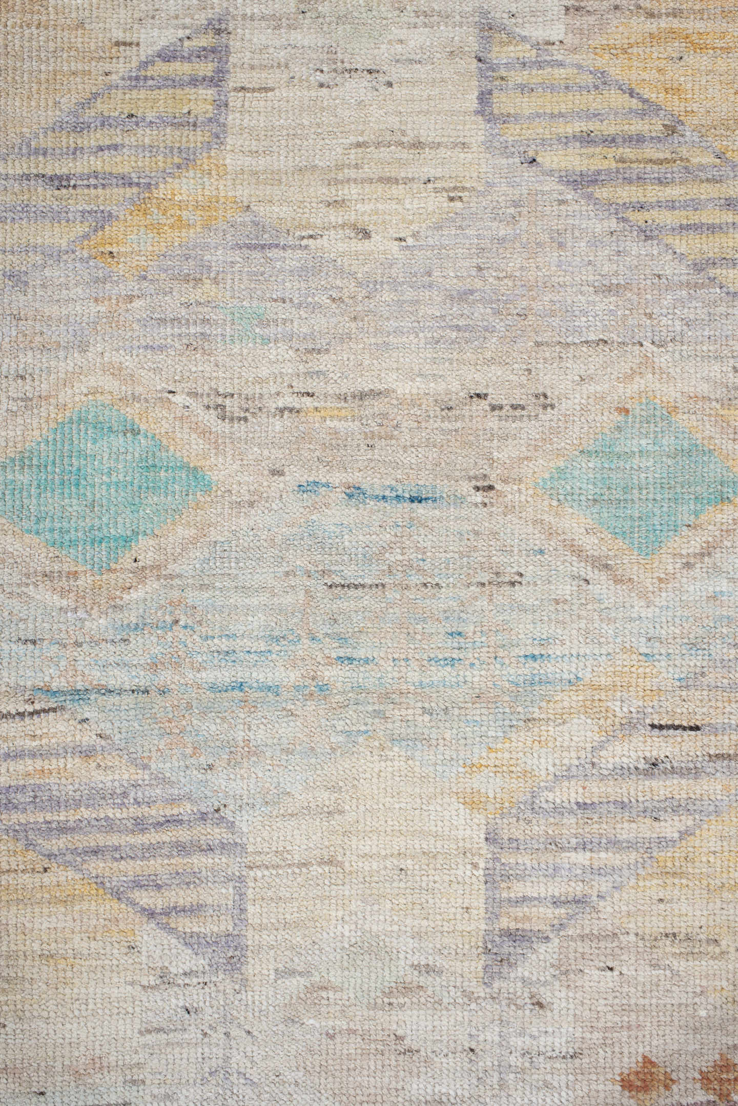 2' x 10' one-of-a-kind handmade vintage Tulu runner rug. Color palette: ivory, lavender, aqua, pale yellow, coral, beige