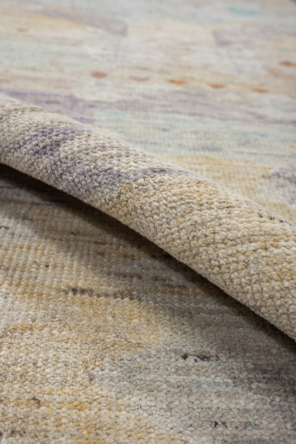 2' x 10' one-of-a-kind handmade vintage Tulu runner rug. Color palette: ivory, lavender, aqua, pale yellow, coral, beige