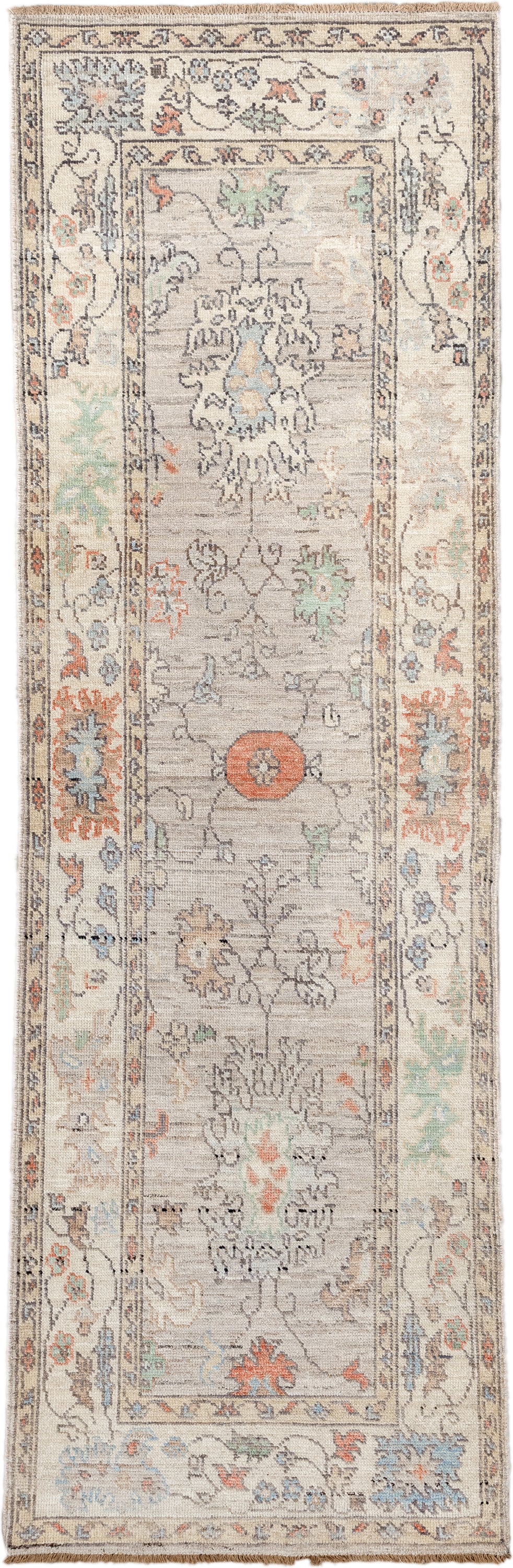 3' x 9' one-of-a-kind handmade vintage Oushak runner rug. Color palette: ivory, taupe, pale_blue, sage, coral, charcoal