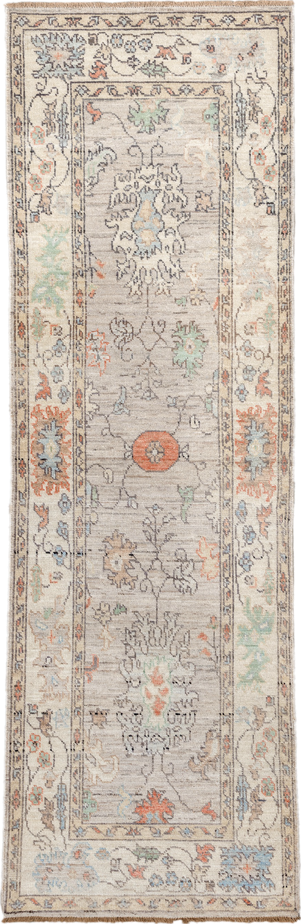 3' x 9' one-of-a-kind handmade vintage Oushak runner rug. Color palette: antiquewhite, black, brown, dim gray, gainsboro