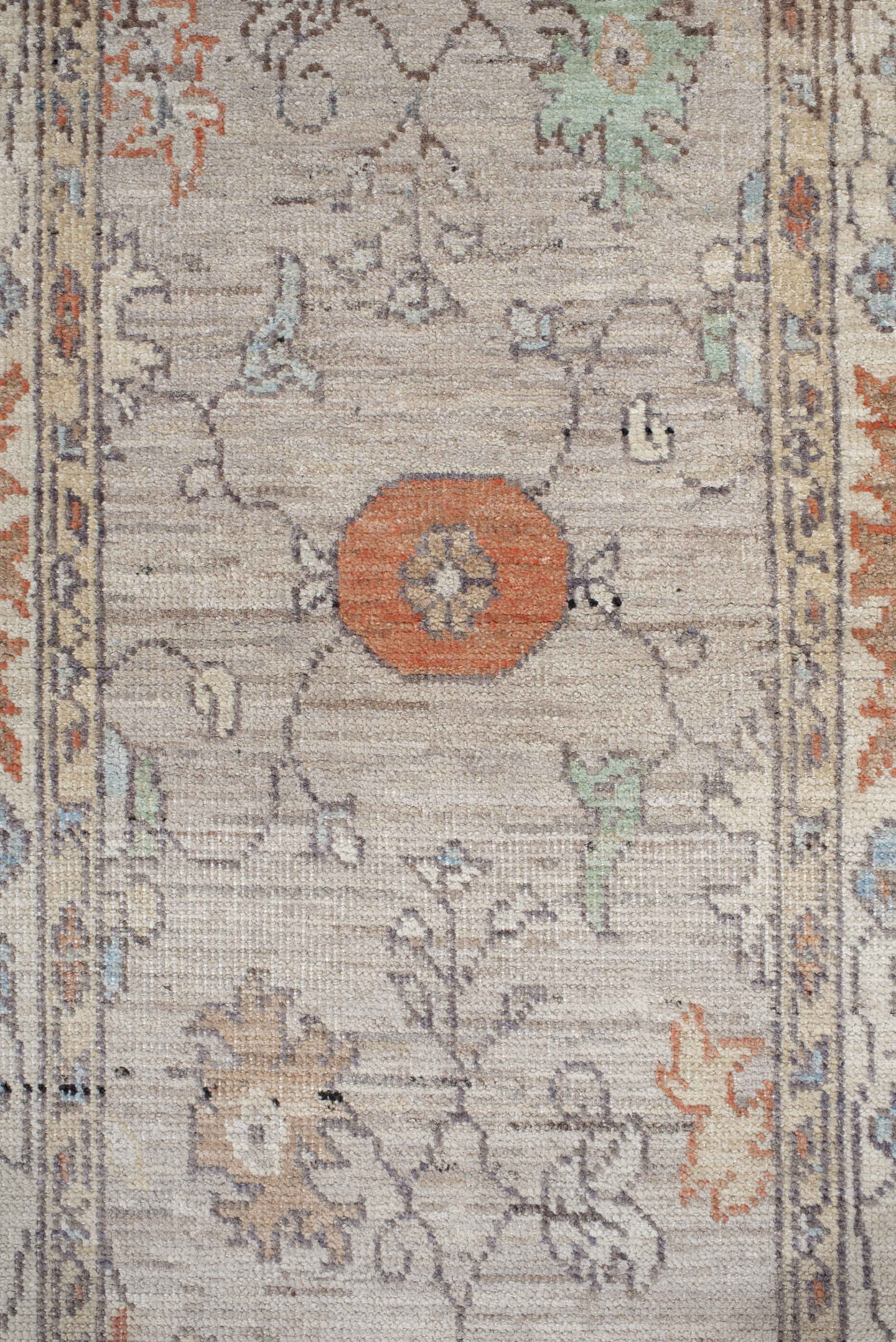3' x 9' one-of-a-kind handmade vintage Oushak runner rug. Color palette: ivory, taupe, pale_blue, sage, coral, charcoal