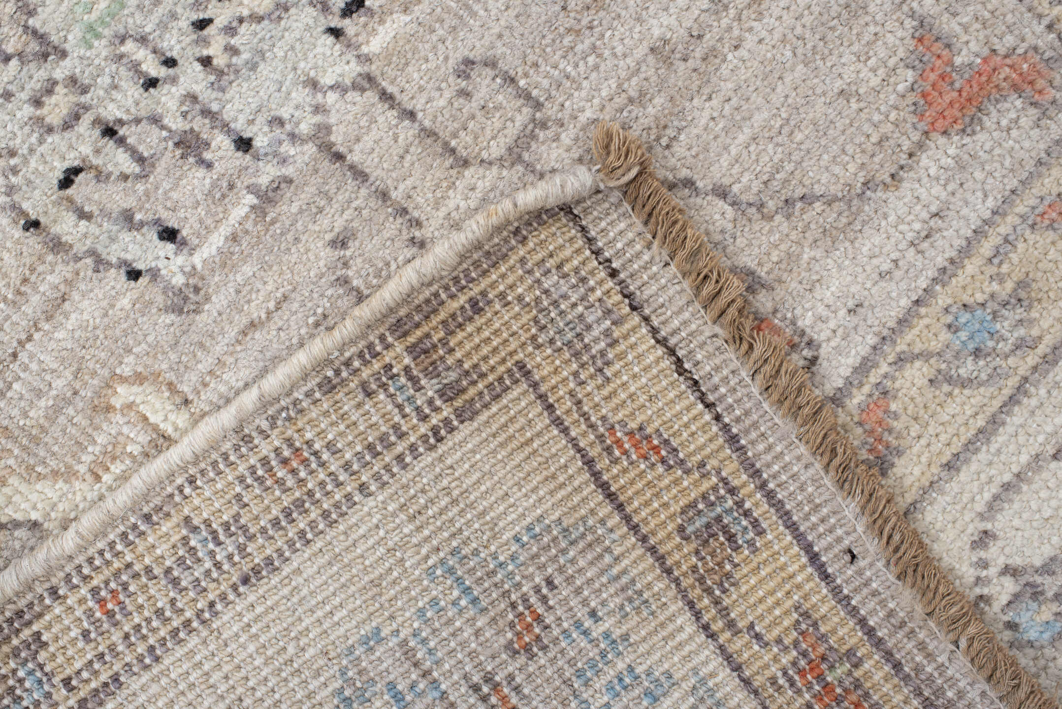 3' x 9' one-of-a-kind handmade vintage Oushak runner rug. Color palette: ivory, taupe, pale_blue, sage, coral, charcoal