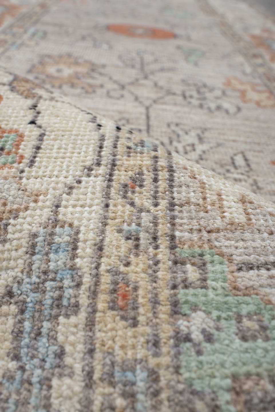 3' x 9' one-of-a-kind handmade vintage Oushak runner rug. Color palette: ivory, taupe, pale_blue, sage, coral, charcoal