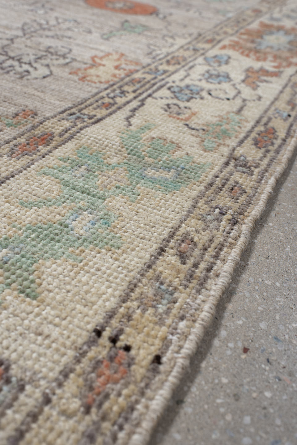 3' x 9' one-of-a-kind handmade vintage Oushak runner rug. Color palette: ivory, taupe, pale_blue, sage, coral, charcoal