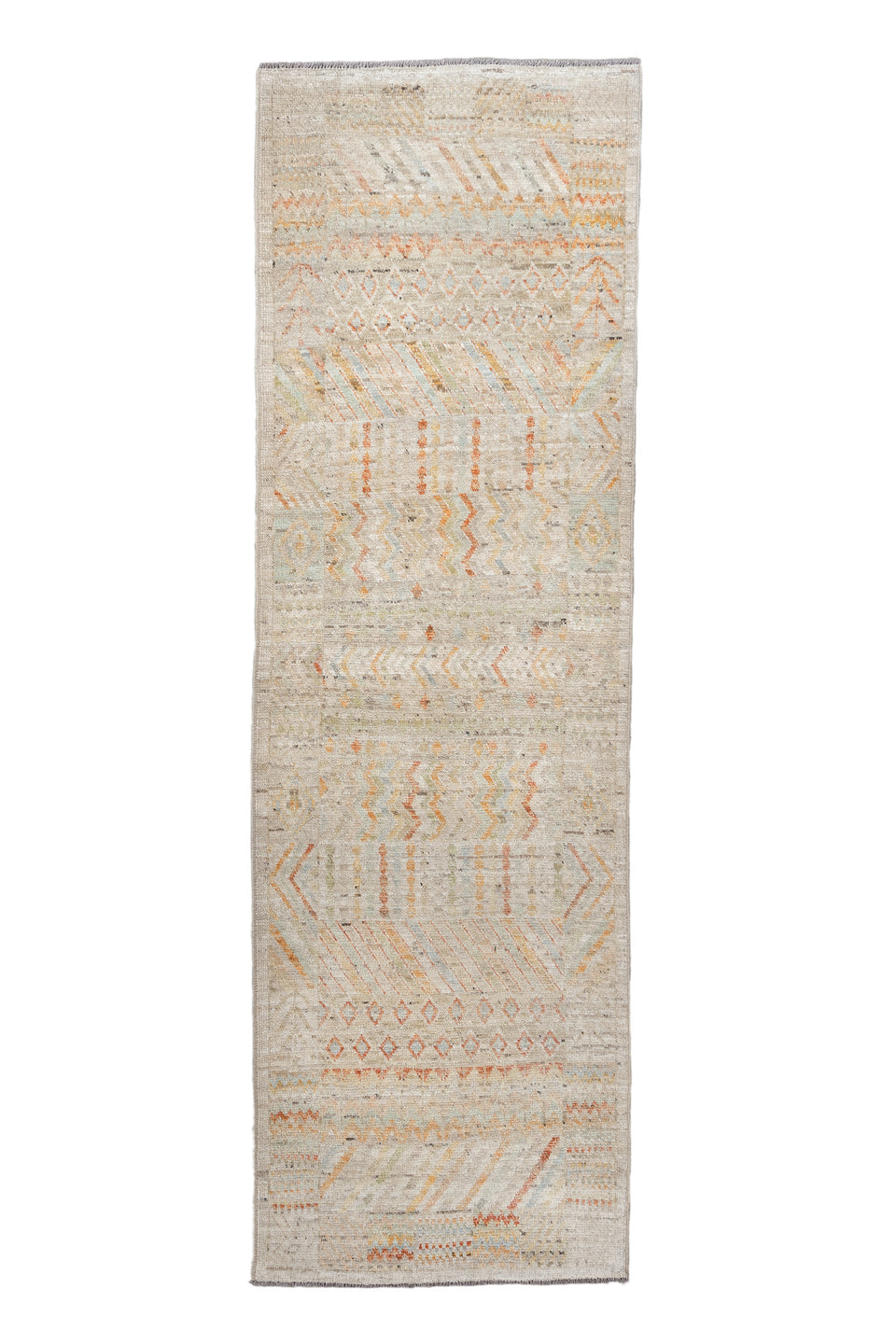 3' x 9' one-of-a-kind handmade vintage Kilim runner rug. Color palette: brown, burlywood, dim gray, gray, light gray