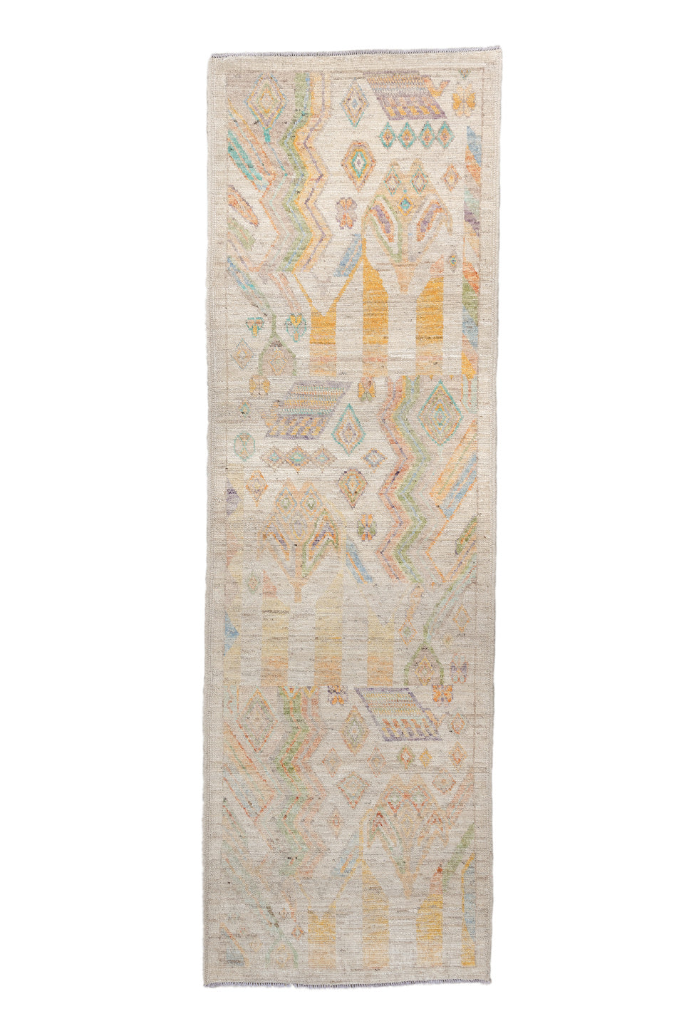 3' x 9' one-of-a-kind handmade vintage Kilim runner rug. Color palette: antiquewhite, blanched almond, blue, brown
