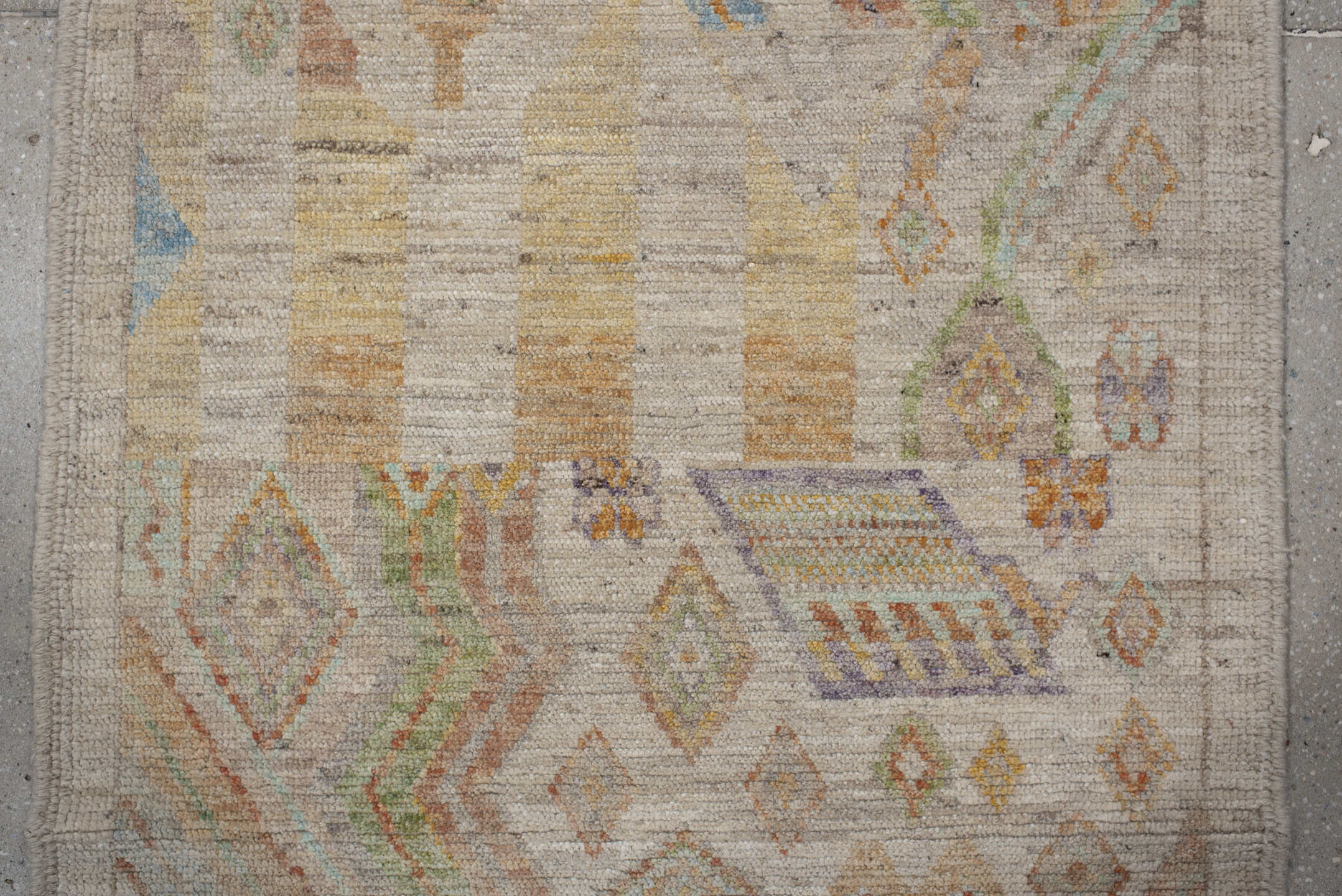 3' x 9' one-of-a-kind handmade vintage Kilim runner rug. Color palette: antiquewhite, blanched almond, blue, brown