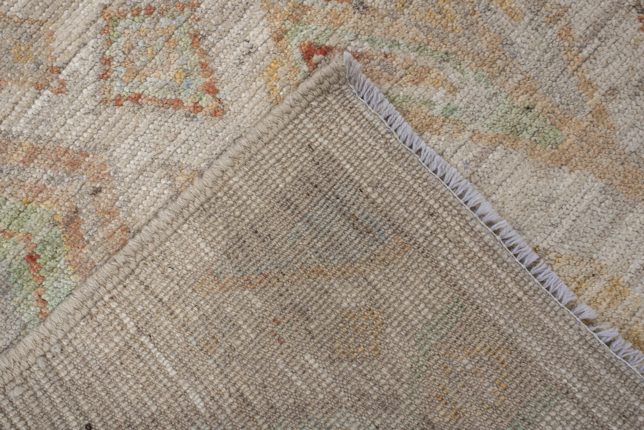 3' x 9' one-of-a-kind handmade vintage Kilim runner rug. Color palette: antiquewhite, blanched almond, blue, brown