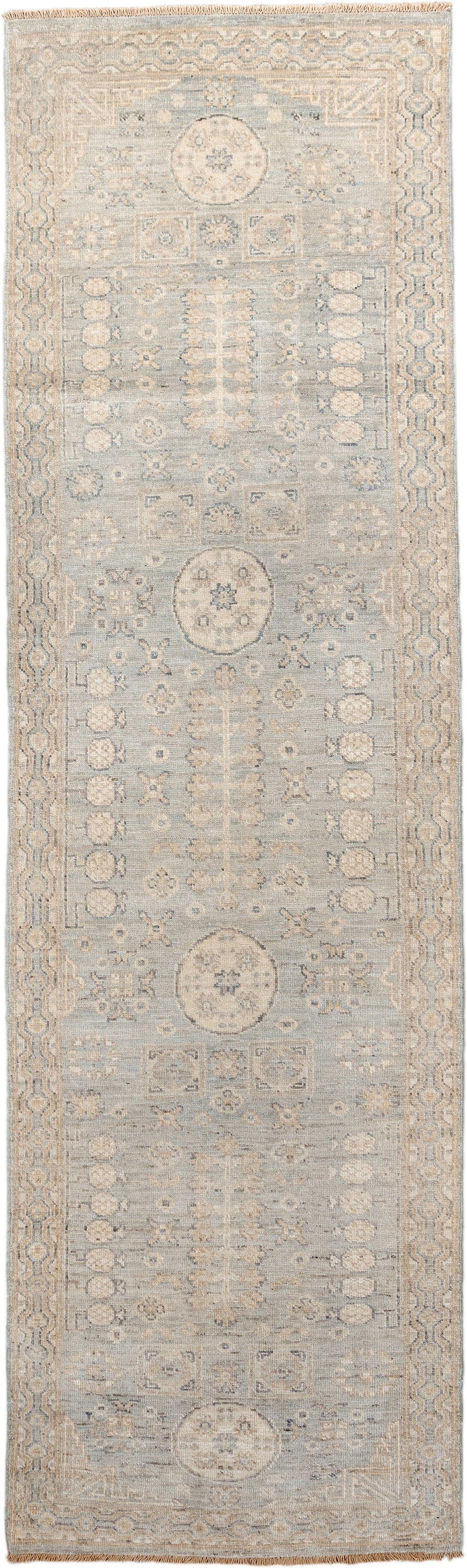 2' x 9' one-of-a-kind handmade vintage Khotan runner rug. Color palette: pale blue, ivory, taupe, beige, camel, slate