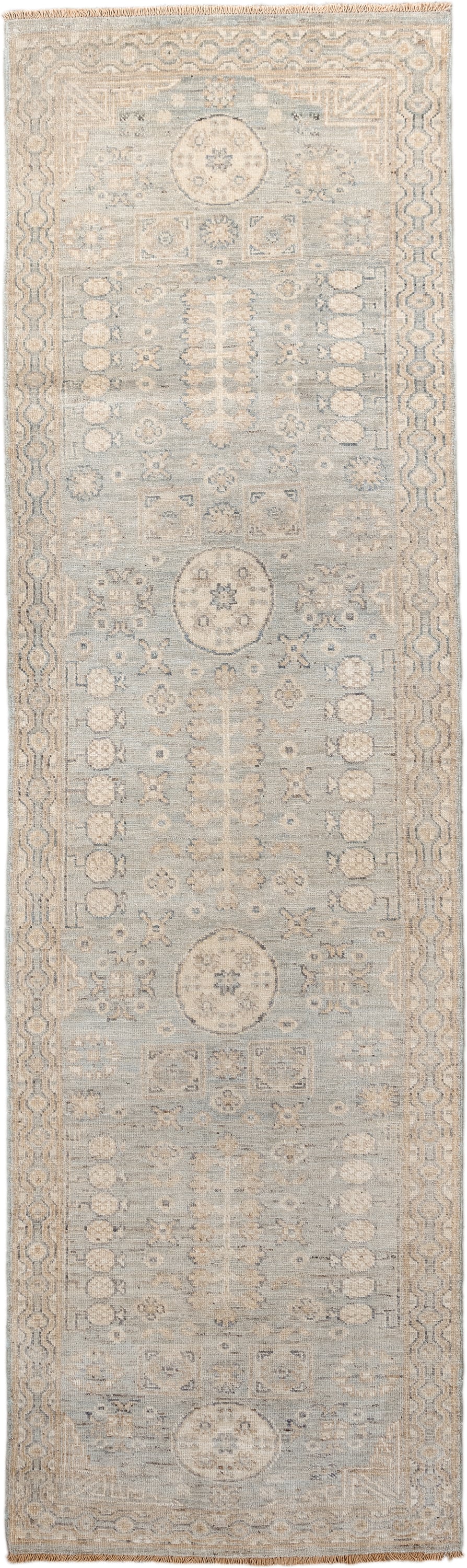 2' x 9' one-of-a-kind handmade vintage Khotan runner rug. Color palette: pale blue, ivory, taupe, beige, camel, slate