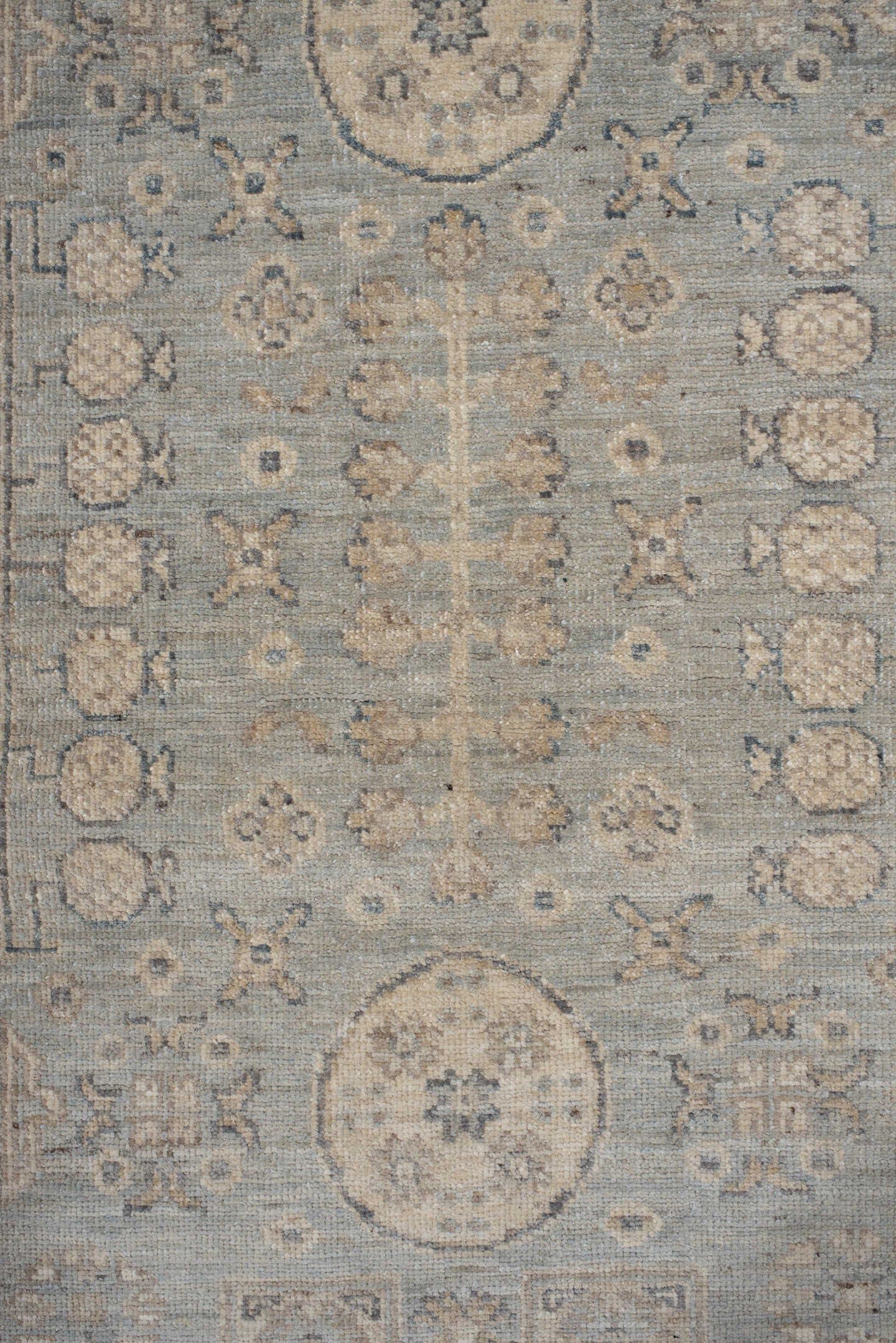 2' x 9' one-of-a-kind handmade vintage Khotan runner rug. Color palette: pale blue, ivory, taupe, beige, camel, slate