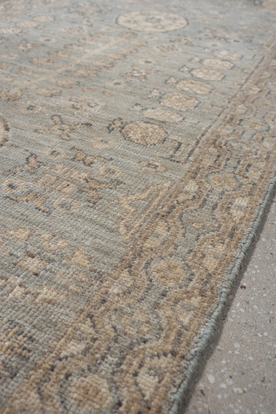 2' x 9' one-of-a-kind handmade vintage Khotan runner rug. Color palette: pale blue, ivory, taupe, beige, camel, slate