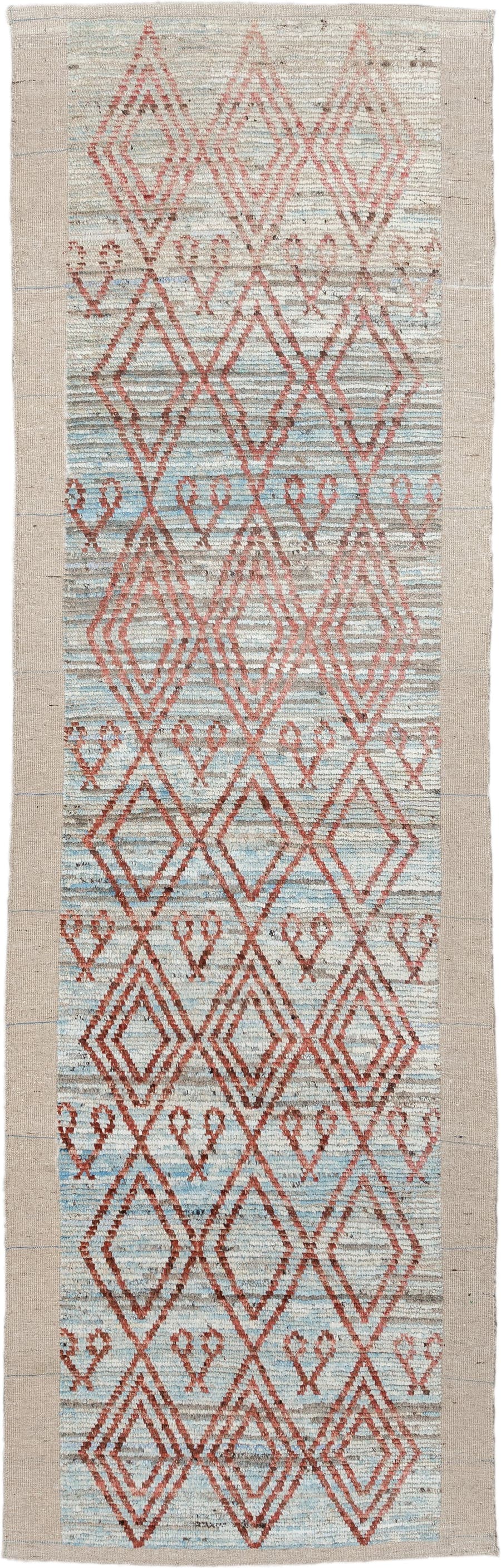3' x 9' one-of-a-kind handmade vintage Kilim runner rug. Color palette: ivory, rust, pale_aqua, beige, taupe, terracotta